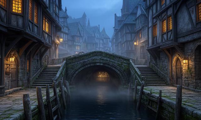 Fantasygracht met verlichte pakhuizen, een lage stenen brug en een verborgen doorgang onder de kade