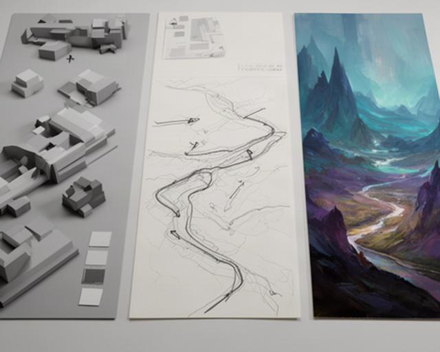 Ontwerpblad met grijswaardenblokken, een getekende looproute en een ingekleurde fantasyachtergrond naast elkaar