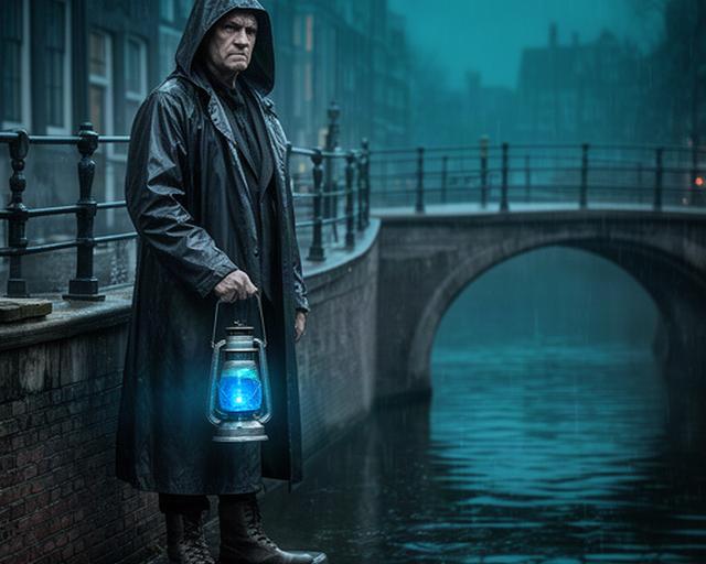 Grachtenwachter bij een Amsterdamse brug in de schemering, met lange regenjas en een lantaarn vol blauw licht