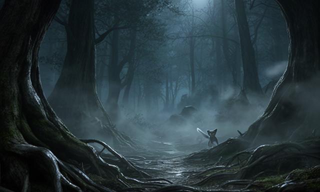 Donker bos met brede mistbanken, kronkelende wortels en een klein mysterieus wezen tussen de bomen