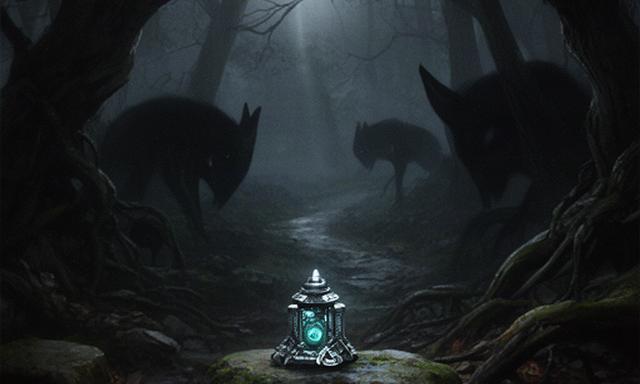 Donker bos met mysterieuze schaduwdieren en een verzameld relikwie op een bemoste steen