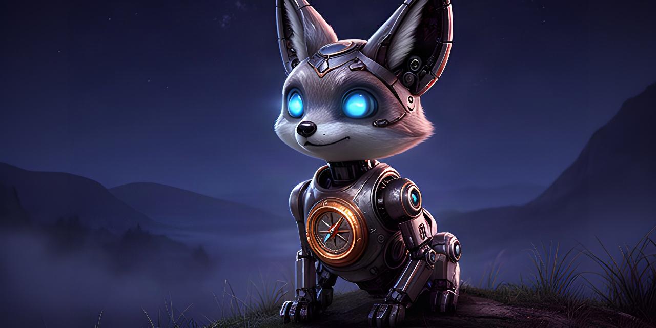 Kleine robotvos met blauw oplichtende ogen en metalen details op een donkere fantasyheuvel onder een sterrenhemel
