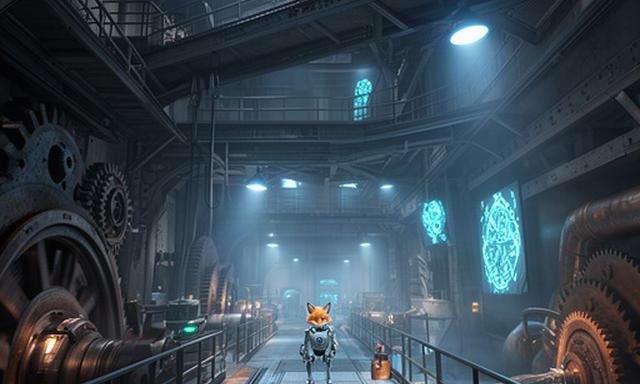 Uitgestrekte machinehal met metalen loopbruggen, blauwe werklampen en een kleine robotvos als gids
