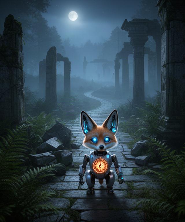 Robotvos Vix op een stenen pad tussen varens en oude ruïnes, met blauw licht dat afsteekt tegen een nevelig fantasylandschap