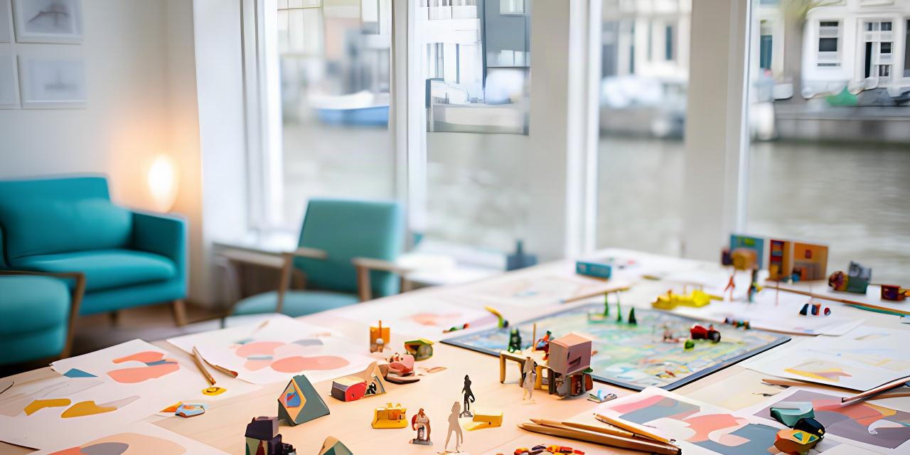 Lichte ontwerpstudio aan de Amsterdamse Keizersgracht met schetsen van spelwerelden op een grote werktafel