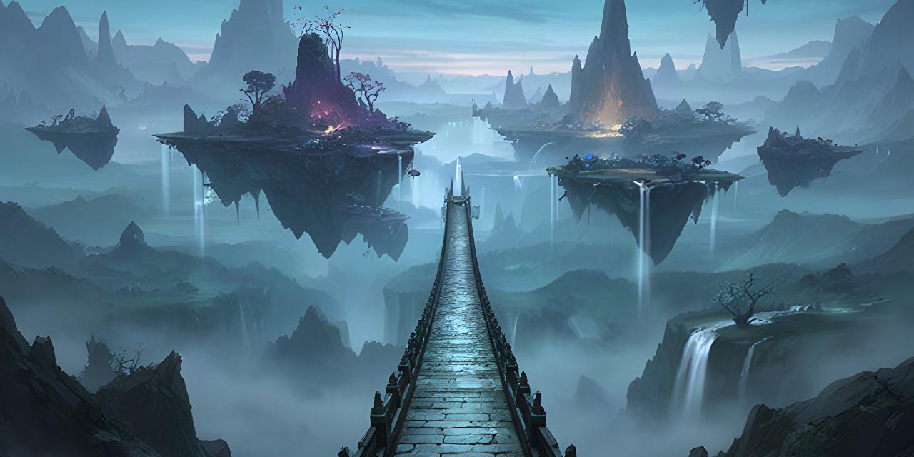Panorama van een fantasywereld met zwevende eilanden, een smalle stenen brug en koele blauwe avondlucht
