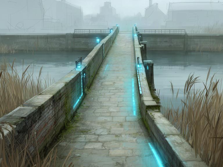 Omgevingsschets van een grachtenbrug met riet, stenen kademuur en blauwe lichtmarkeringen langs een smalle spelroute