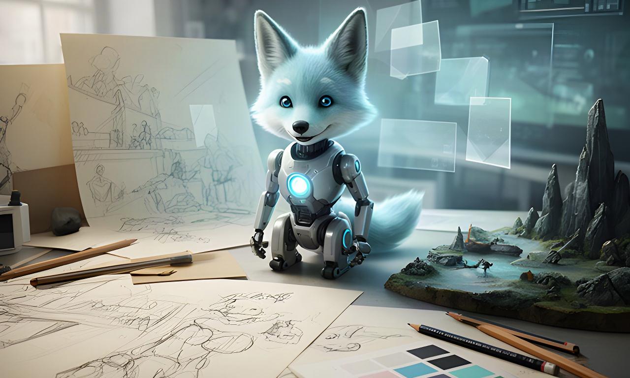 Studiobeeld van een kleine robotvos met blauw oplichtende details tussen schetsen van spelwerelden en een digitale spelinterface