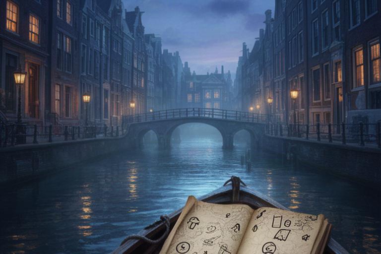 Fantastische Amsterdamse gracht bij schemering met een houten boot, verlichte ramen en een kaart vol verzameltekens