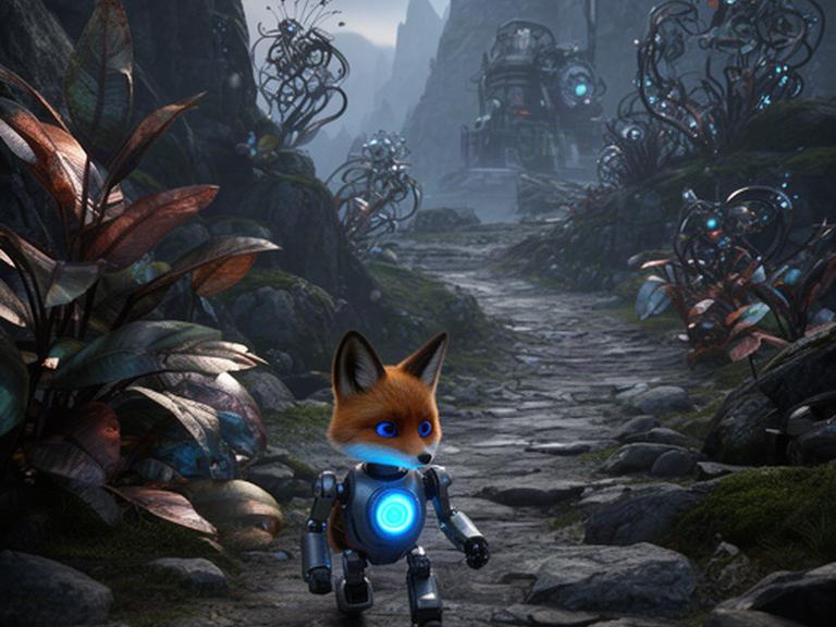 Robotvos met een blauw gloeiende kern op een rotsachtig pad in een fantasiewereld vol metalen planten