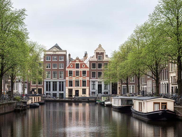 Historische gevels en woonboten langs de Keizersgracht in Amsterdam op een rustige dag