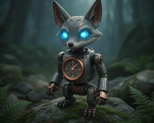 Robotvos Vix op een met mos begroeide rots, met helderblauwe sensoren en een koperen borstkompas