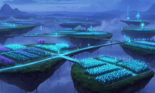 Polder met zwevende eilanden en gewassen die zacht blauw licht afgeven bij schemering