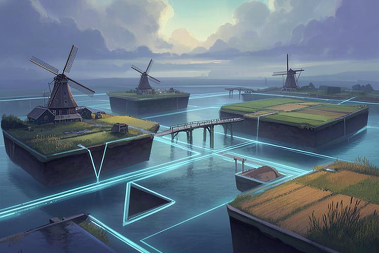 Zwevende poldereilanden met windmolens, waterkanalen en zachte blauwe lichtlijnen tegen een avondlucht