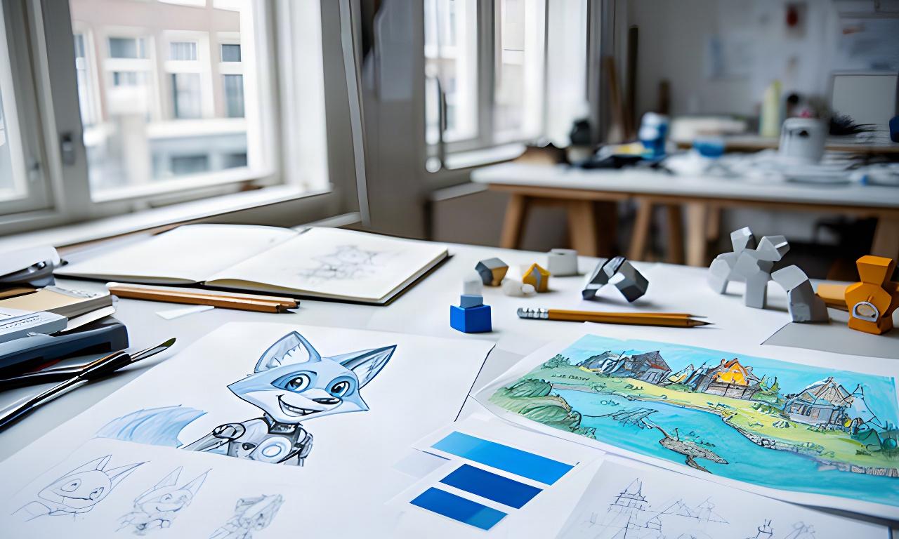 Studio-bureau aan de Keizersgracht met schetsen van een robotvos, kleurstalen en een handgetekende spelwereldkaart