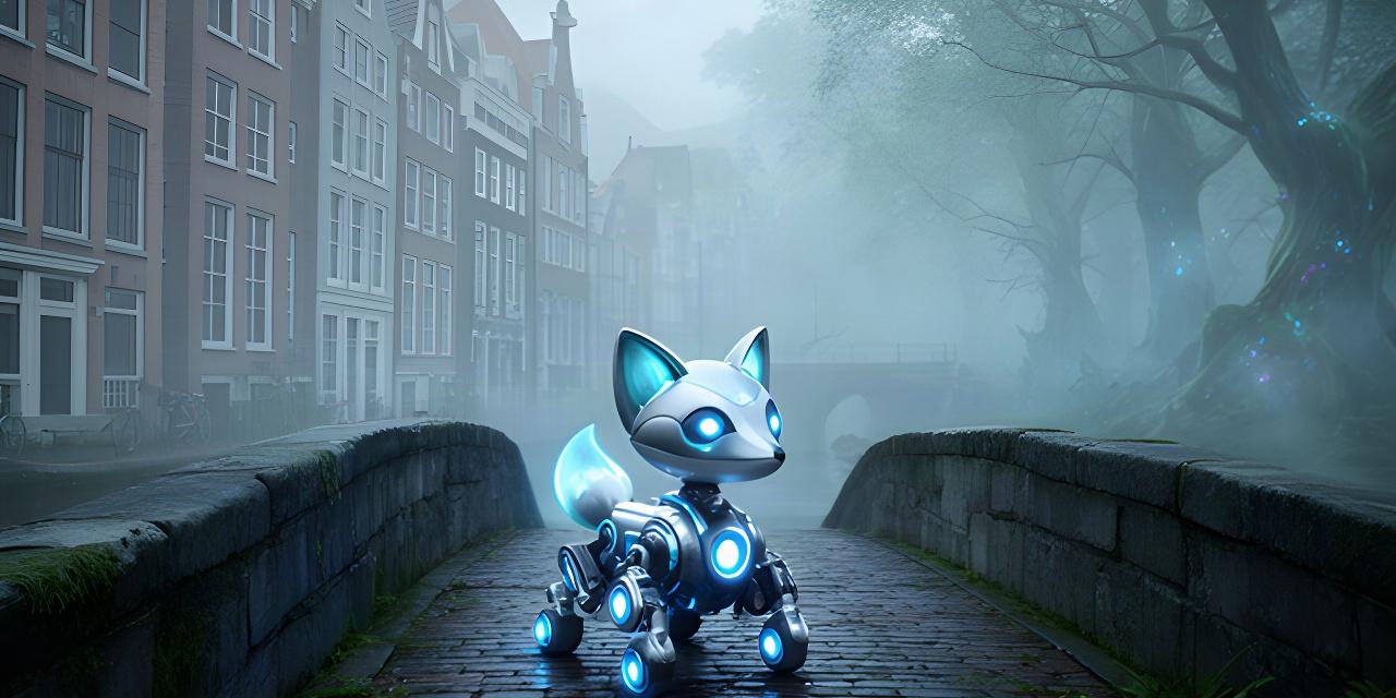 Conceptbeeld van een kleine robotvos met blauwe lichtaccenten op een stenen brug tussen Amsterdamse grachtenpanden en een mistig fantasybos
