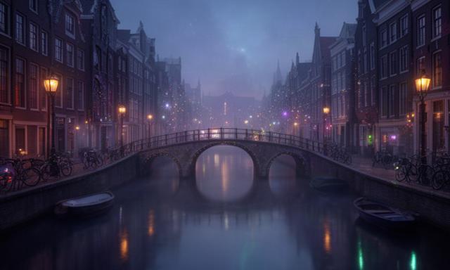 Amsterdamse grachten met oude gevels, bruggen en zacht verlichte fantasylichten in de avond